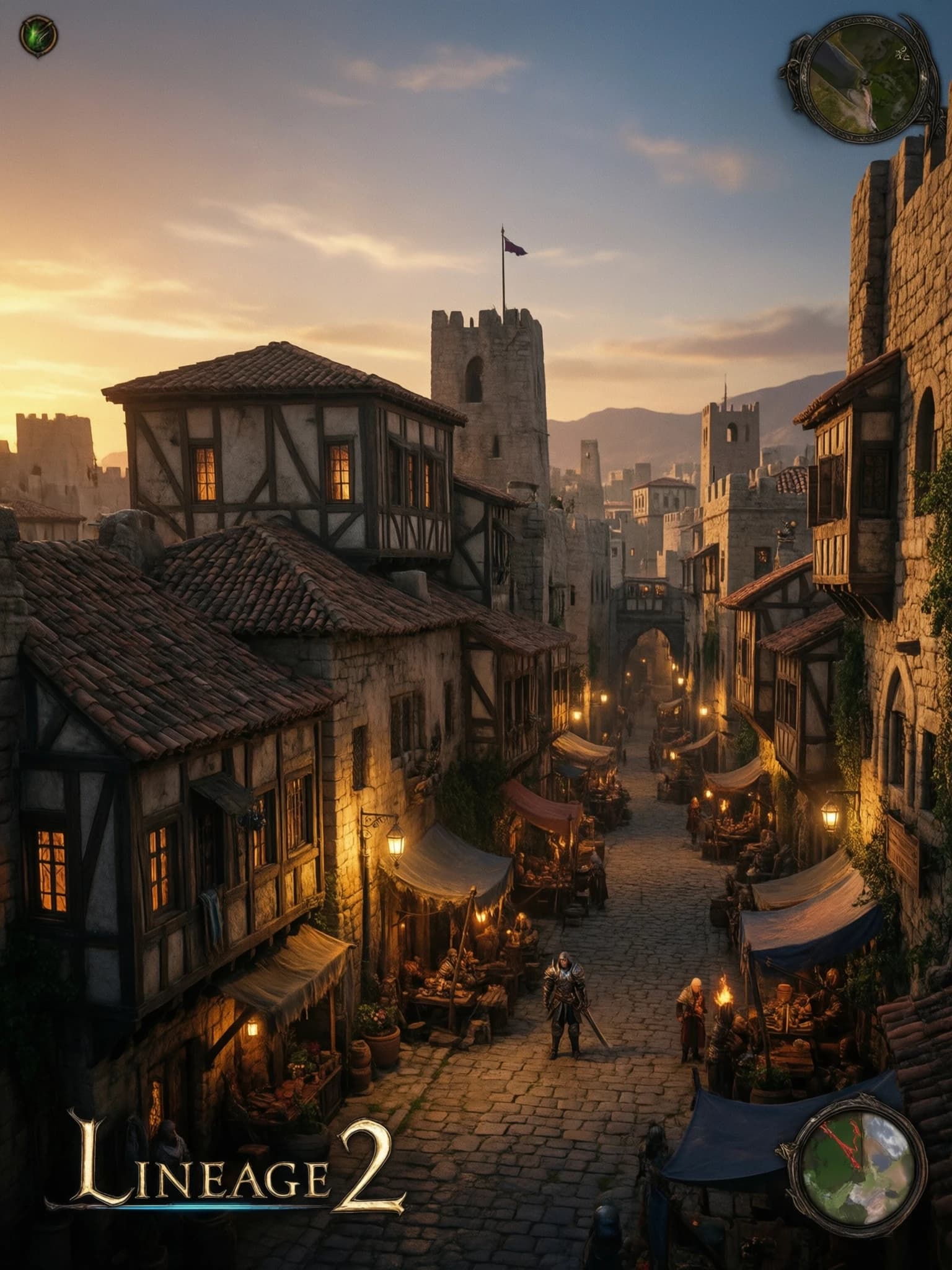 The city of Aden from the game Lineage 2, evening, warm light from the windows,medieval architecture