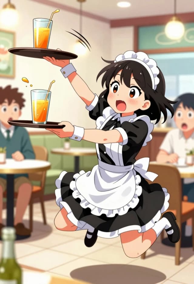 Anime-style illustration, vibrant colors, dynamic composition, 4K. A cute, energetic maid with big expressive eyes is in the middle of a clumsy mishap: a glass of juice is tipping off a tray, and a small arc of liquid flies through the air in slow motion. She’s stretching her arm desperately to catch it, her posture exaggerated and comical, with motion lines around her hands and feet. Her apron is slightly askew, and a few stray strands of hair frame her face. The background is a bright café interior with other characters glancing over with mild surprise. The lighting is bright and cheerful, with strong highlights and clean linework. The atmosphere is lighthearted and funny, celebrating her earnest effort to fix the situation.