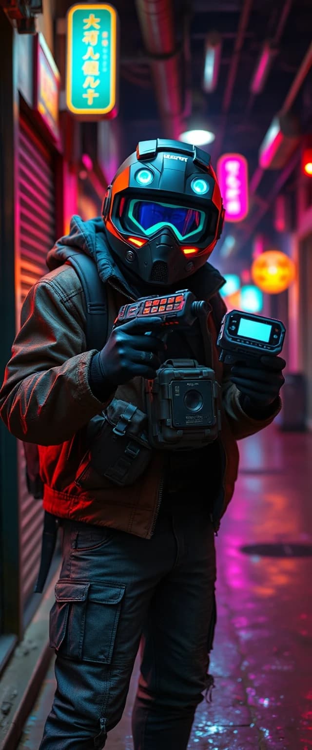 A cinematic shot of a futuristic bounty hunter, cyberpunk style, neon lighting, holding a high-tech tracking device, wearing a weathered leather jacket and a glowing visor, dark alley background, 8k resolution, photorealistic, highly detailed --ar 16:9