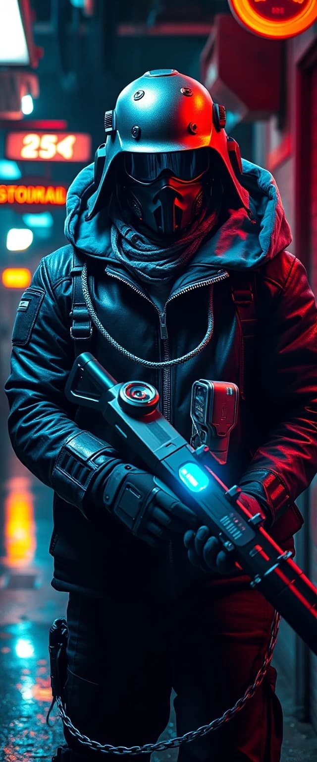 A cinematic shot of a futuristic bounty hunter, cyberpunk style, neon lighting, holding a high-tech tracking device, wearing a weathered leather jacket and a glowing visor, dark alley background, 8k resolution, photorealistic, highly detailed --ar 16:9