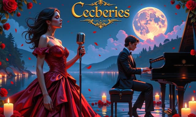 A masterpiece,  in the style of the 1980s, with bold lines, dynamic strokes and rich textures, on background with a touch of nostalgia, perhaps with subtle drawings inspired by cellulose and vintage, worn textures similar to paper,oil painting, Panoramic cinematic concert-poster scene: a sultry female vocalist in an ornate deep crimson gown adorned with roses stands left foreground at a vintage metallic microphone, eyes closed, emotive pose; a male pianist in a dark suit sits at a glossy black grand piano right foreground, hands poised over keys, reflective water and moonlight behind him. Enormous luminous full moon low on the horizon casts cool blue-violet light across a tranquil lake with golden reflections. Warm candlelight, scattered red roses, and floating glowing musical notes create a romantic, mystical atmosphere. Rich palette of deep blues, purples, crimsons and antique gold. Elegant embossed serif title centered in large gold type with subtle filigree ornamentation and small subtitle beneath. Soft volumetric fog, subtle bokeh, gentle lens flare, high-detail textures on fabric, skin, piano lacquer and water, painterly fantasy meets photorealism, dramatic rim lighting, shallow depth of field, cinematic wide aspect ratio, ultra-detailed, high-resolution poster quality.