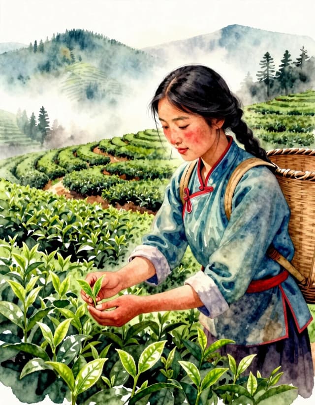A masterpiece. Create an image. The style is watercolor painting. ((Tea plantations in the morning haze in the mountainous landscapes of Tibet. A beautiful young Chinese woman with a basket on her shoulders collects a tea leaf and hands it to her:1.6)). High resolution, high detail and clear texture. Close-up. High quality. Increased attention to small details. The aspect ratio is 3:4. The artist is Levitan.and Bitcoin