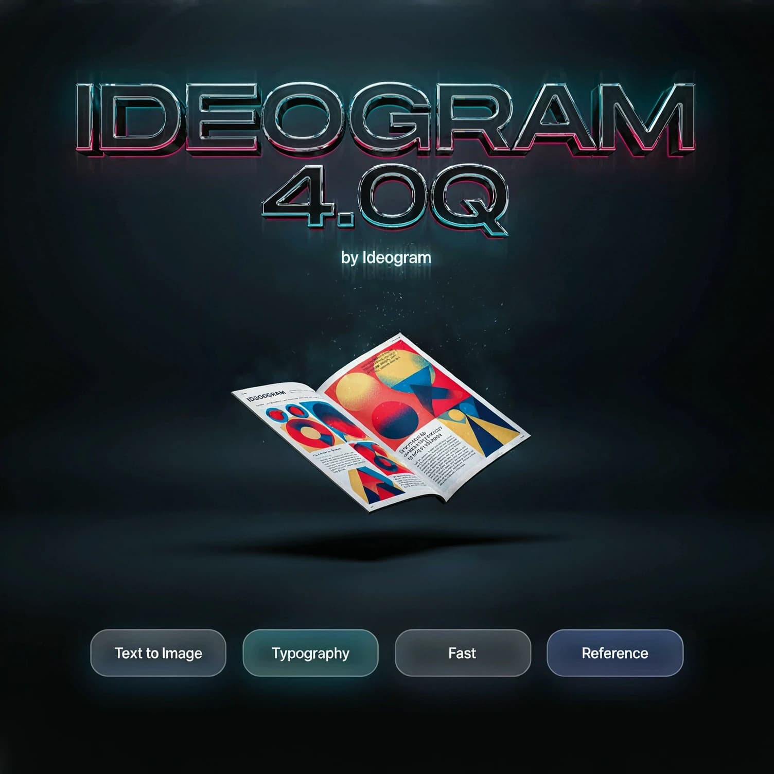 Premium cover poster, square composition, bold glowing modern 3D typography text "IDEOGRAM 4.0Q" centered near the top, crisp and perfectly legible, small brand tag "by Ideogram" beneath the title. Below it: a bold graphic-design magazine spread floating in space, vivid poster typography and geometric shapes, studio lighting, art-director quality. At the bottom: a clean row of small glowing rounded feature badges with short legible labels: "Text to Image", "Typography", "Fast", "Reference". perfectly legible text, high detail, flagship poster quality, no extra labels