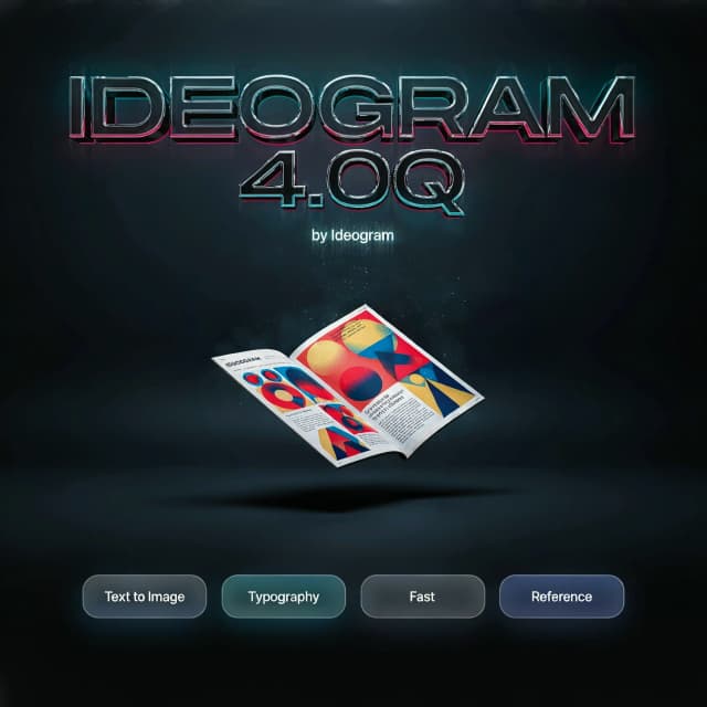 Premium cover poster, square composition, bold glowing modern 3D typography text "IDEOGRAM 4.0Q" centered near the top, crisp and perfectly legible, small brand tag "by Ideogram" beneath the title. Below it: a bold graphic-design magazine spread floating in space, vivid poster typography and geometric shapes, studio lighting, art-director quality. At the bottom: a clean row of small glowing rounded feature badges with short legible labels: "Text to Image", "Typography", "Fast", "Reference". perfectly legible text, high detail, flagship poster quality, no extra labels