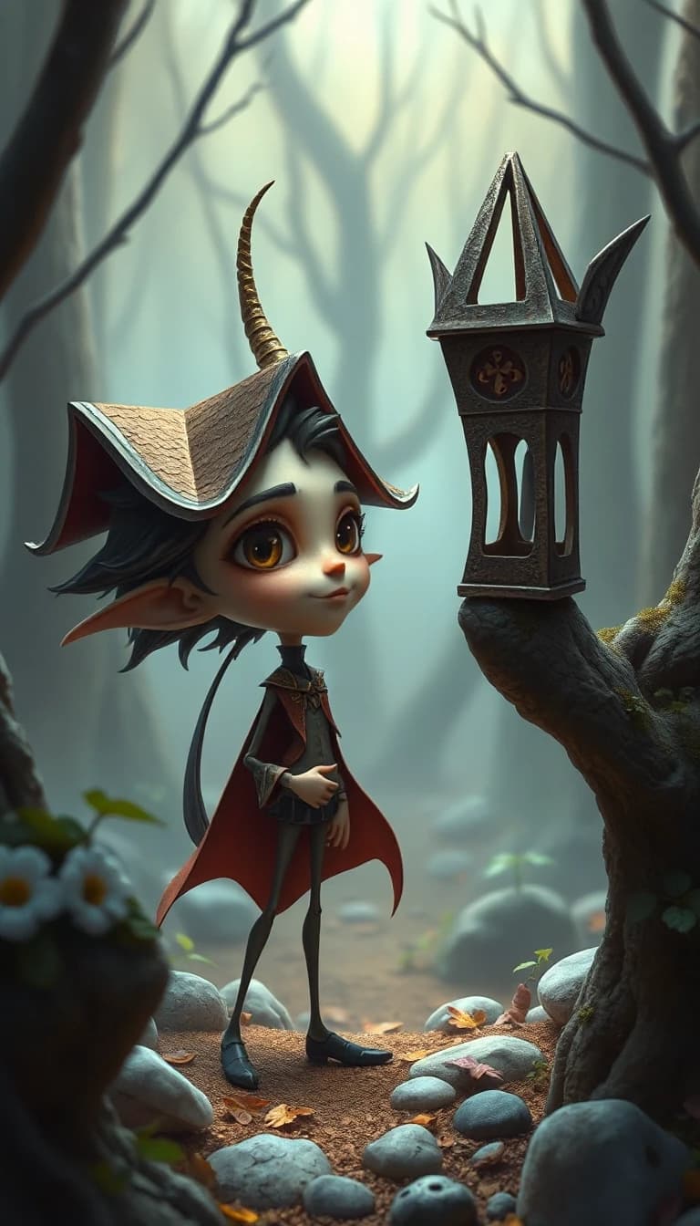 A fantasy disproportionately sized and asymmetrically positioned little high detail. soft background