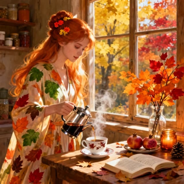 A painterly, detailed depiction of a young woman with long, flowing reddish-orange hair in an updo adorned with small orange and yellow flowers, wearing a flowing robe with large autumnal leaf patterns in shades of green, orange, red, and brown, standing by a sunlit wooden window overlooking a vibrant autumn scene with trees displaying yellow, orange, and red leaves. She is pouring dark liquid from a glass and stainless steel French press into a white teacup with delicate reddish-brown floral patterns, which rests on a matching saucer on a wooden table. Wisps of steam rise from the cup. On the table, to the right of the cup, is an open book with visible text, scattered autumn leaves, a small plate with two pomegranates and a pinecone, and a glowing amber candle in a glass jar. A clear glass vase filled with branches of bright orange and red autumn leaves sits near the window frame. The background features warm-toned shelves with various containers and jars, suggesting a cozy, rustic interior. Sunlight streams in from the window, highlighting her hair and the steam from the cup, creating a warm, inviting atmosphere.