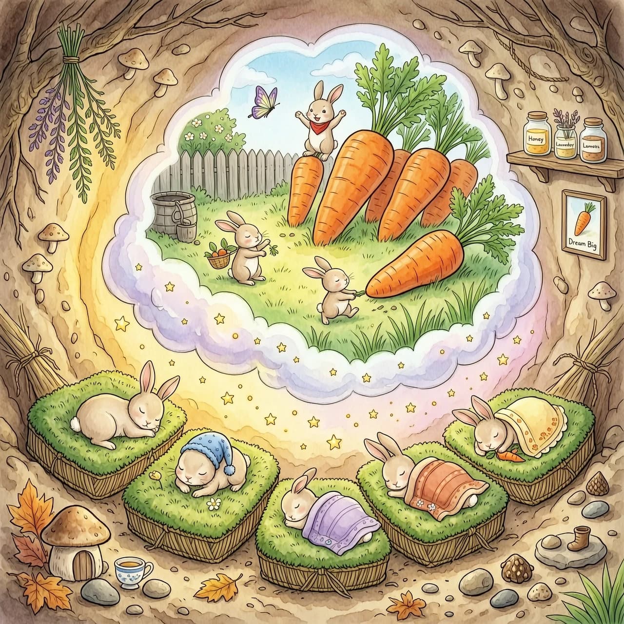 Милая и детализированная иллюстрация в стиле книжной графики (storybook illustration), изображающая уютную сцену внутри уютной зайчиной норки. На переднем плане группа маленьких пушистых зайчат сладко спит в крошечных, мягких кроватках из мха и сухих трав. Над ними парит полупрозрачный, светящийся магический туман, визуализирующий их сны. Внутри этого облака снов разворачивается яркая и сочная сцена: залитые солнечным светом грядки с гигантской, ярко-оранжевой, сочной морковью. Маленькие зайчата из сна увлеченно дергают за ботву огромные морковки и весело тащат их к своей норке. Освещение мягкое, теплое, создающее атмосферу сказочного уюта: внутри норки царит приглушенный золотистый свет, а мир снов сияет волшебным, пастельным свечением. Высокая детализация текстур меха, мягкости постелей и хрустящей кожицы моркови. Настроение волшебное, безмятежное и детское. Техника акварели с мягкими переходами и тонкими штрихами карандаша.