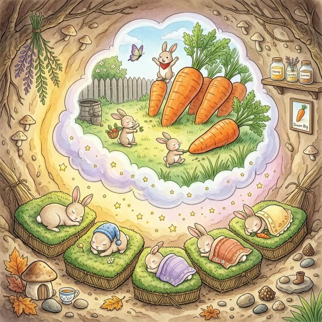 Милая и детализированная иллюстрация в стиле книжной графики (storybook illustration), изображающая уютную сцену внутри уютной зайчиной норки. На переднем плане группа маленьких пушистых зайчат сладко спит в крошечных, мягких кроватках из мха и сухих трав. Над ними парит полупрозрачный, светящийся магический туман, визуализирующий их сны. Внутри этого облака снов разворачивается яркая и сочная сцена: залитые солнечным светом грядки с гигантской, ярко-оранжевой, сочной морковью. Маленькие зайчата из сна увлеченно дергают за ботву огромные морковки и весело тащат их к своей норке. Освещение мягкое, теплое, создающее атмосферу сказочного уюта: внутри норки царит приглушенный золотистый свет, а мир снов сияет волшебным, пастельным свечением. Высокая детализация текстур меха, мягкости постелей и хрустящей кожицы моркови. Настроение волшебное, безмятежное и детское. Техника акварели с мягкими переходами и тонкими штрихами карандаша.