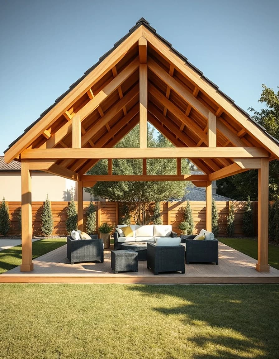 Vertical architectural photography of a luxury modern outdoor gazebo backyard pavilion. Flat roof, open timber construction, light oak wood posts and beams. Built on a premium wide wooden terrace deck. Minimalist patio furniture set inside the pavilion. Sunny summer day, soft shadows, manicured lawn around, ultra-detailed architectural presentation.