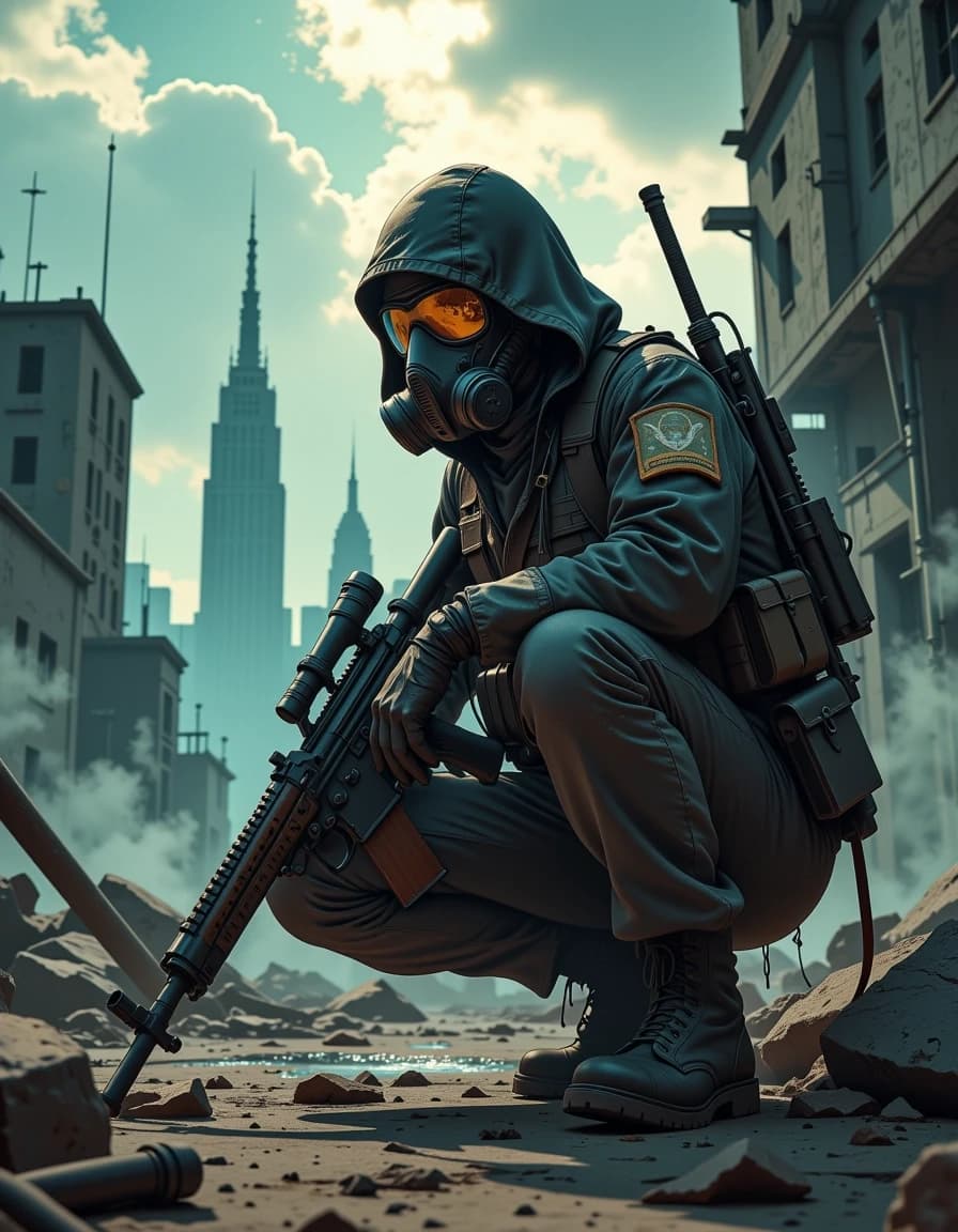 A masterpiece,  in the style of the 1980s, with bold lines, dynamic strokes and rich textures, on background with a touch of nostalgia, perhaps with subtle drawings inspired by cellulose and vintage, worn textures similar to paper, oil painting,  Ultra-detailed scene of a lone soldier in a post-apocalyptic ruined city: kneeling on one knee among cracked concrete and twisted rebar, wearing a dark hooded tactical suit, heavy combat boots, and a matte black gas mask with reflective visor that mirrors jagged skyline silhouettes. He grips a long, worn, belt-fed heavy rifle with visible scratches, oil stains, and textured metal, foregrip and bipod extended, ammo box attached. Moody overcast sky with dramatic volumetric light rays breaking through thick storm clouds, drifting smoke and dust motes, cool desaturated color palette with teal highlights and warm rim lighting on metal edges. High-detail materials: scuffed leather, muddy fabric, chipped paint, grime, condensation on visor. Low-angle cinematic composition, shallow depth of field, 35–50mm feel, strong foreground detail, soft bokeh background ruins, subtle film grain, high dynamic range, dramatic contrast, tense atmospheric mood, hyperreal textures and realistic light scattering. hdr