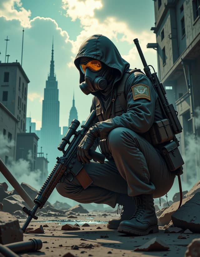 A masterpiece,  in the style of the 1980s, with bold lines, dynamic strokes and rich textures, on background with a touch of nostalgia, perhaps with subtle drawings inspired by cellulose and vintage, worn textures similar to paper, oil painting,  Ultra-detailed scene of a lone soldier in a post-apocalyptic ruined city: kneeling on one knee among cracked concrete and twisted rebar, wearing a dark hooded tactical suit, heavy combat boots, and a matte black gas mask with reflective visor that mirrors jagged skyline silhouettes. He grips a long, worn, belt-fed heavy rifle with visible scratches, oil stains, and textured metal, foregrip and bipod extended, ammo box attached. Moody overcast sky with dramatic volumetric light rays breaking through thick storm clouds, drifting smoke and dust motes, cool desaturated color palette with teal highlights and warm rim lighting on metal edges. High-detail materials: scuffed leather, muddy fabric, chipped paint, grime, condensation on visor. Low-angle cinematic composition, shallow depth of field, 35–50mm feel, strong foreground detail, soft bokeh background ruins, subtle film grain, high dynamic range, dramatic contrast, tense atmospheric mood, hyperreal textures and realistic light scattering. hdr