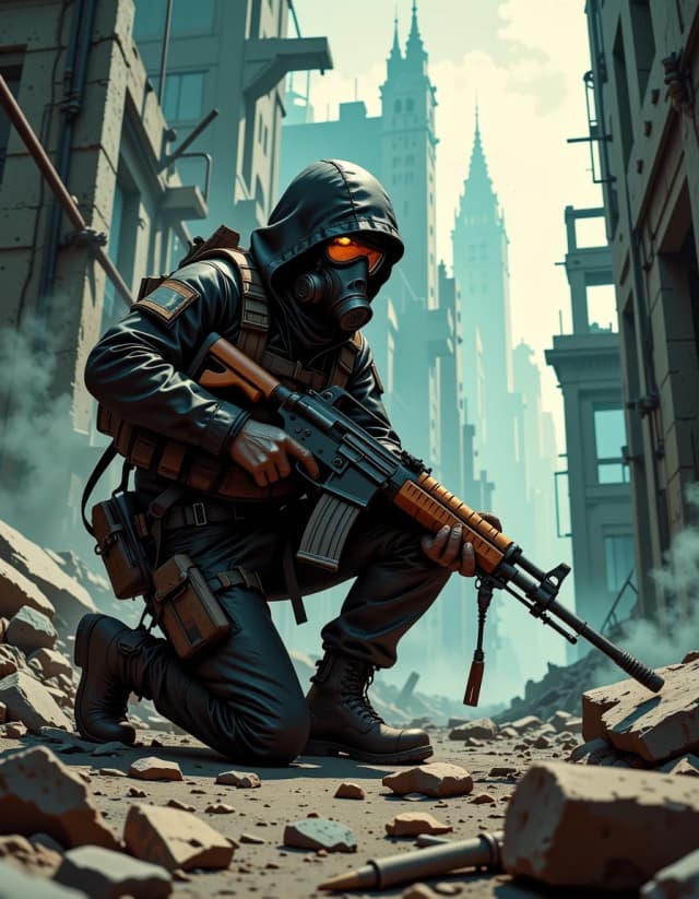 A masterpiece,  in the style of the 1980s, with bold lines, dynamic strokes and rich textures, on background with a touch of nostalgia, perhaps with subtle drawings inspired by cellulose and vintage, worn textures similar to paper, oil painting,  Ultra-detailed scene of a lone soldier in a post-apocalyptic ruined city: kneeling on one knee among cracked concrete and twisted rebar, wearing a dark hooded tactical suit, heavy combat boots, and a matte black gas mask with reflective visor that mirrors jagged skyline silhouettes. He grips a long, worn, belt-fed heavy rifle with visible scratches, oil stains, and textured metal, foregrip and bipod extended, ammo box attached. Moody overcast sky with dramatic volumetric light rays breaking through thick storm clouds, drifting smoke and dust motes, cool desaturated color palette with teal highlights and warm rim lighting on metal edges. High-detail materials: scuffed leather, muddy fabric, chipped paint, grime, condensation on visor. Low-angle cinematic composition, shallow depth of field, 35–50mm feel, strong foreground detail, soft bokeh background ruins, subtle film grain, high dynamic range, dramatic contrast, tense atmospheric mood, hyperreal textures and realistic light scattering. hdr