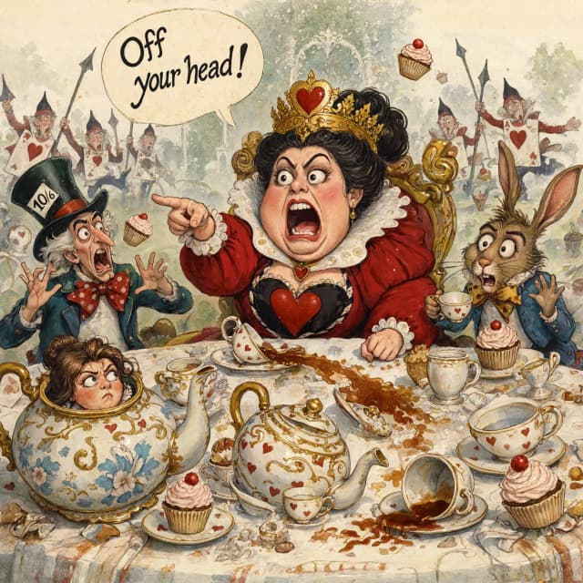 (masterpiece:1.8, acrylic painting:1.5, best quality:1.6, ultra-detailed:1.6). A bizarre and funny image (of the Queen of Hearts), who, sitting at a crazy tea table, angrily exclaims: "Off your head!' (Off with their heads!). The reason for her anger may have been a bad croquet game or too much sugar in her tea. (She's sitting at the head of a table strewn with ridiculous teapots and mountains of cakes, her crown slightly askew.) The Queen's face is red with annoyance, with puffed cheeks and wide-open eyes that look more offended than truly angry. (She points her finger with such effort that she looks like she's about to knock over her tea).
(Around her are the Hatter and the March Hare, who comically jump up and down in "fright," but at the same time try to hold on to their cups and cupcakes. Sonya may have poked her head out of the kettle, clearly annoyed by the noise. The card guards nearby may be awkwardly retreating, tripping over table legs or dropping their halberds). The tea table is a mess of flying cupcakes, spilled tea, and tumbling teacups.
The lighting is light and airy, creating a light, almost pastel mood. The overall atmosphere is a light, funny mess, where the Queen's anger is more of a familiar but theatrical act. Detailed watercolor or pastel illustration, playful composition, soft but saturated colors, light strokes, digital painting. Inspired by Quentin Blake's dynamic illustrations and Mary Blair's vibrant style.