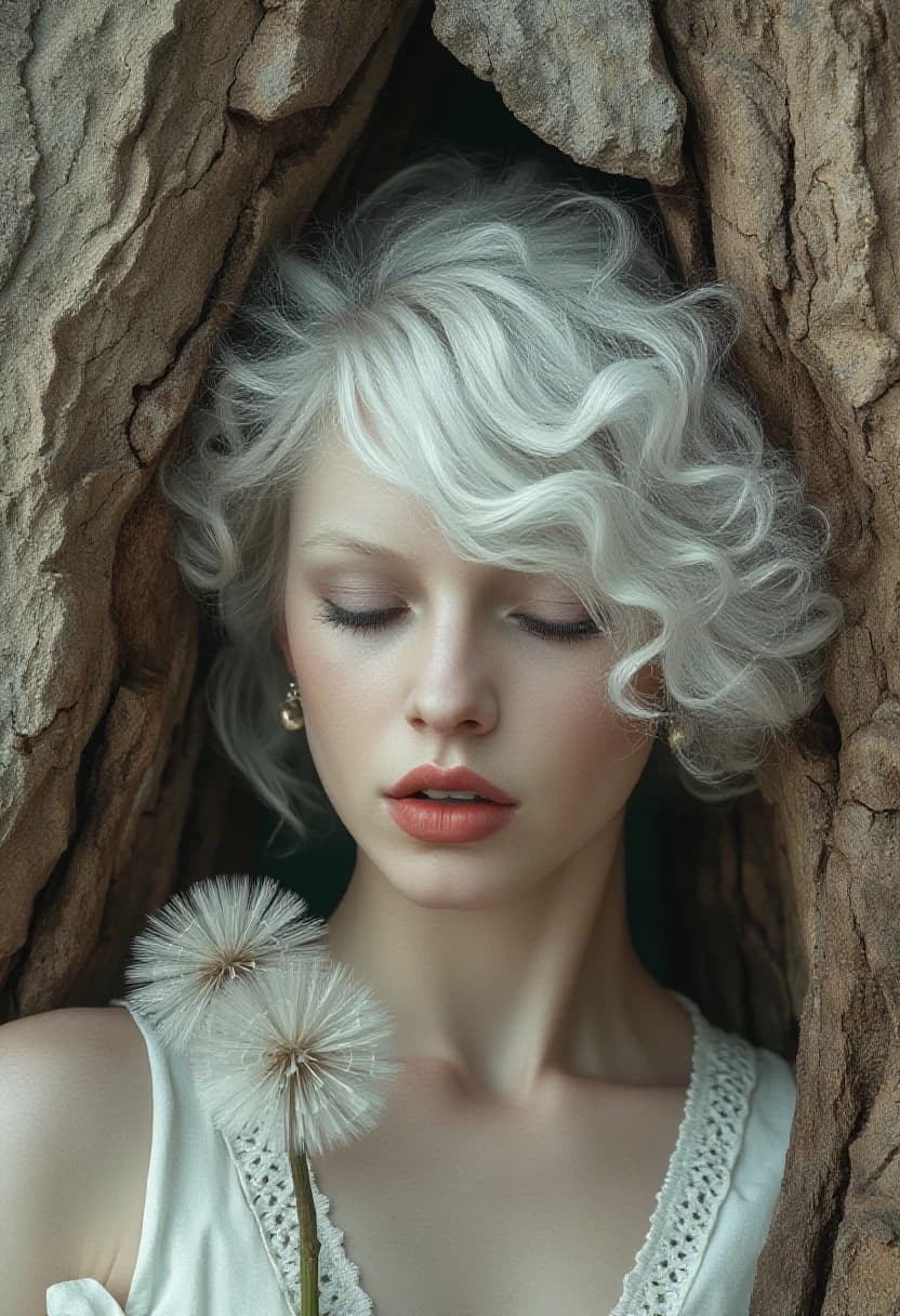 Description: Photorealistic detailed concept art in a minimalist style, various textures, stone and bark, aesthetic, attractive white albino woman looking down, mint lips, conceptual mint color and white, recording, really huge white hair curly hair white dandelion, perforated pages, French hairstyle, woman and giant mint crescent moon, mint background.