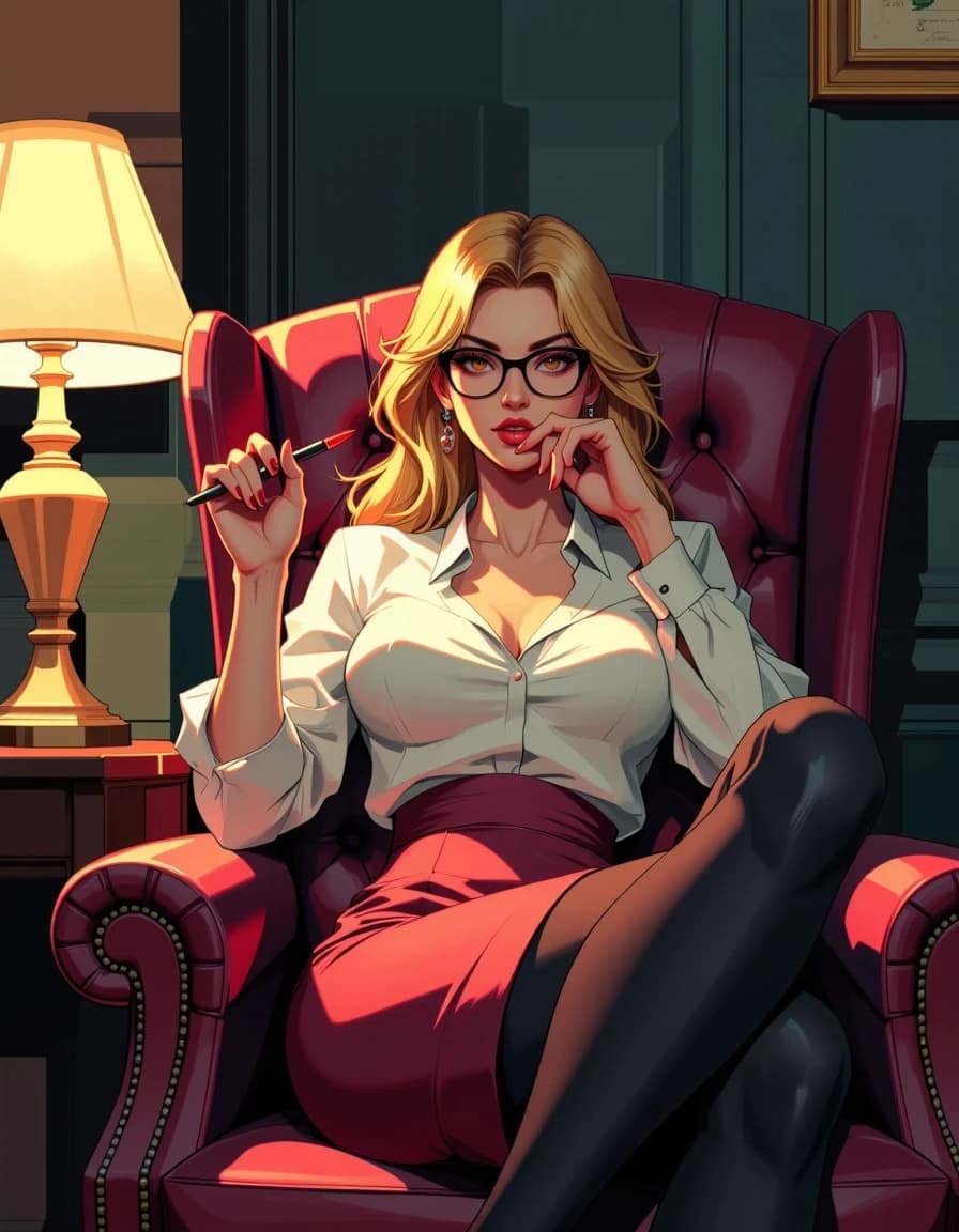 A masterpiece,  in the style of the 1980s, with bold lines, dynamic strokes and rich textures, on background with a touch of nostalgia, perhaps with subtle drawings inspired by cellulose and vintage, worn textures similar to paper, oil painting,  A confident 28-year-old university lecturer reclines in a burgundy leather armchair, legs crossed naturally, holding a red pen near her lips. Long blonde hair with wine-red highlights, amber eyes, lowered black glasses, fitted ivory blouse, cherry-red pencil skirt, black tights and pumps. Playful, slightly dangerous expression. Warm elegant faculty office with soft golden lamplight and subtle cool twilight, medium-bright exposure. Correct anatomy, proportional legs, compact ankles, natural hands, both shoes visible. Polished glossy anime digital realism, high resolution, no grain, ripple, moiré or AI shimmer, celshading, simple background