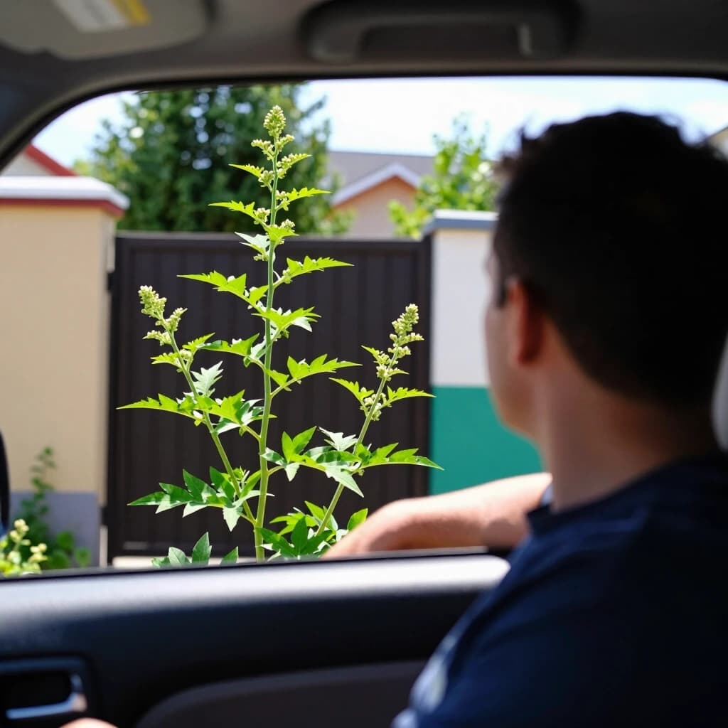 A man looks out of the car at the wormwood-leaved ragweed growing by the gate of the dacha and about three meters high