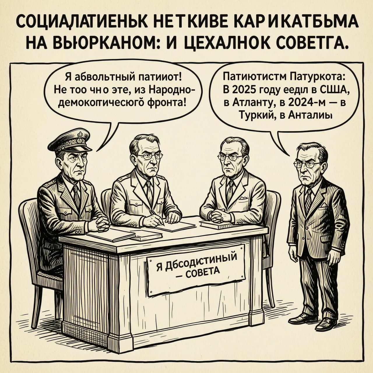 Социалистическая карикатура на бюрократов из школьного совета. Бюрократ говорит: «Я абсолютный патриот! Не то что эти, из Народно-демократического фронта!» Патриотизм бюрократа: «В 2025 году ездил в США, в Атланту, в 2024-м — в Турцию, в Анталию»