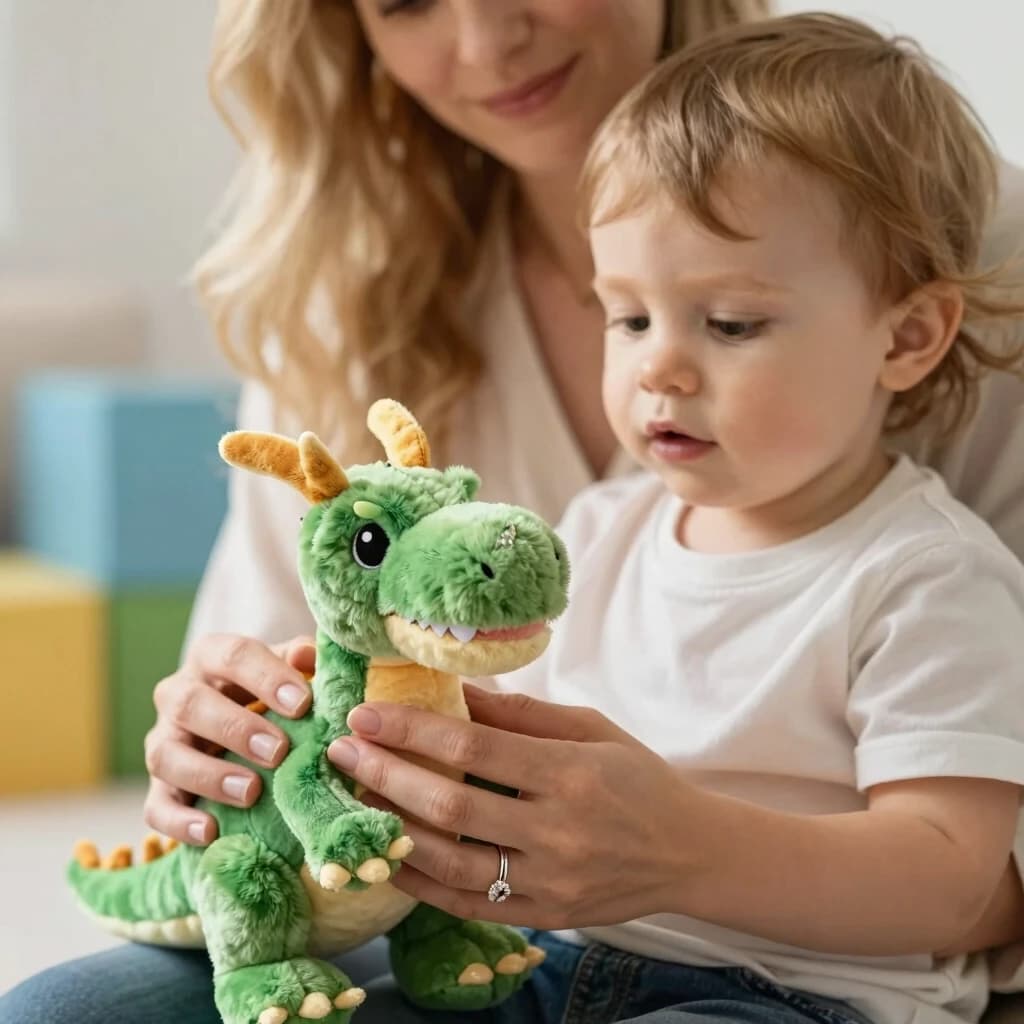 Close‑up: hands of a Caucasian mom (blond hair) and a light‑brown‑haired toddler, together holding a small plush dragon. Mom’s wedding ring visible. Blurred background with soft blocks. Realistic photo, warm tones, high detail.