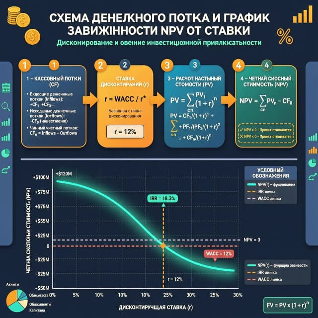 Иллюстрация: схема денежного потока с выделенными этапами дисконтирования / график зависимости NPV от ставки