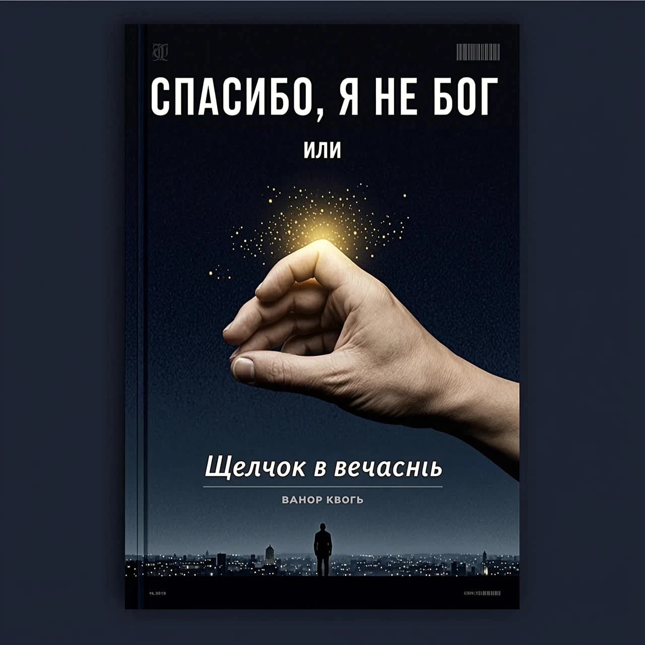создай обложку книги Фон: Тёмно-синий, почти чёрный, с лёгкой текстурой, напоминающей песок или пыль.
Центр: Крупным планом,вид от первого лица — мужская рука, пальцы которой готовы к щелчку пальцами - большой и средний пальцы соединены. Вокруг них — мягкое золотистое свечение, как будто внутри руки зажглась искра.
Верхняя часть (крупно):
СПАСИБО, Я НЕ БОГ
Чуть ниже (мелко): или
Внизу (курсивом, чуть крупнее «или»): Щелчок в вечность
Под текстом: Едва заметный силуэт одинокого человека на фоне бесконечного горизонта и ночного города
Цветовая гамма: Чёрный, тёмно-синий, золотой. Минимализм, строгость, атмосфера одиночества.