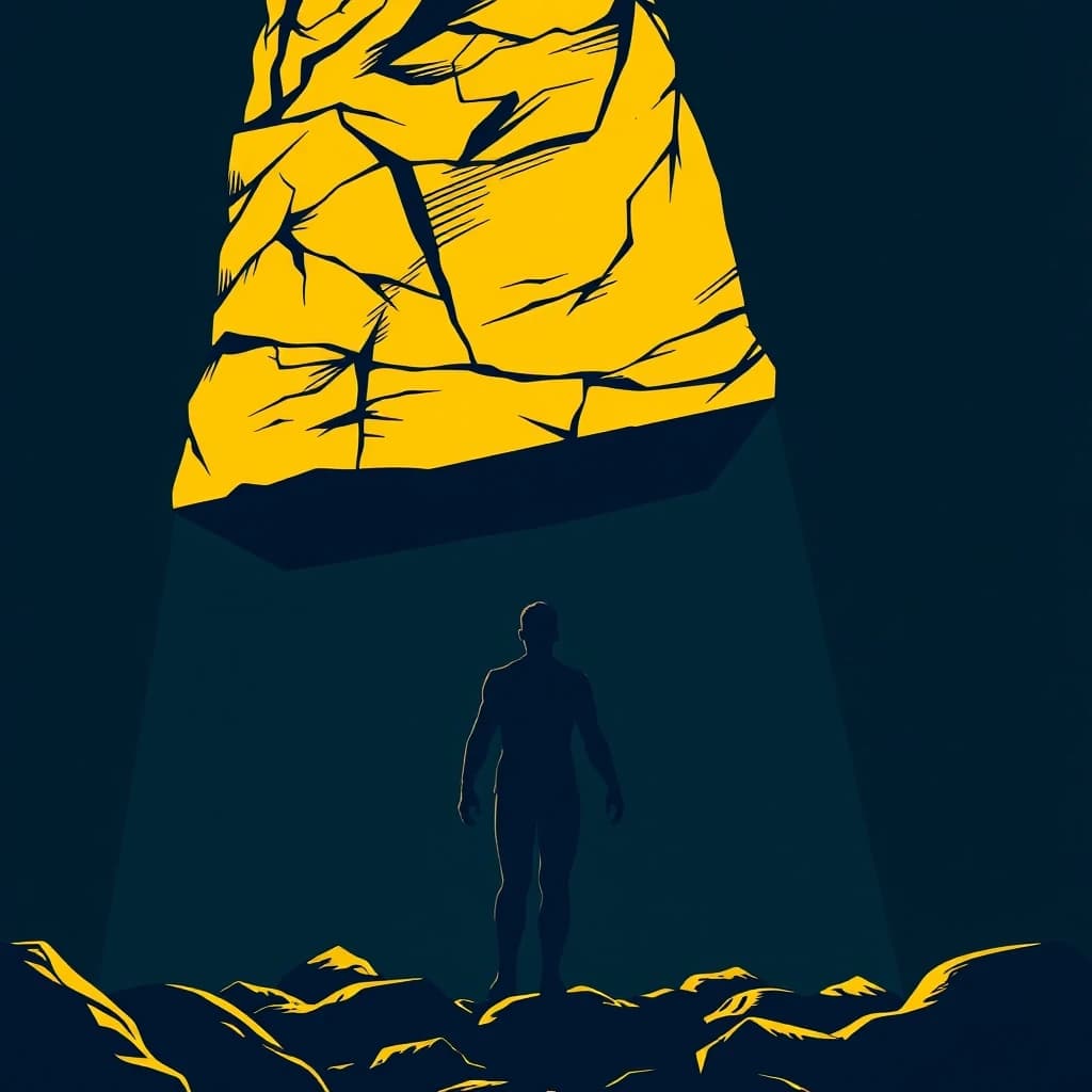 A human silhouette crushed by a giant golden weight pressing down from above, comic book style with cinematic dramatic lighting, dark graphic novel aesthetic, bold black outlines, no text, no words, 4k