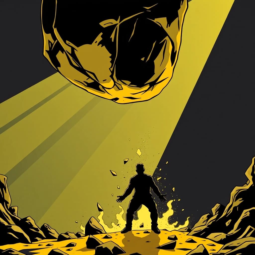 A human silhouette crushed by a giant golden weight pressing down from above, comic book style with cinematic dramatic lighting, dark graphic novel aesthetic, bold black outlines, no text, no words, 4k