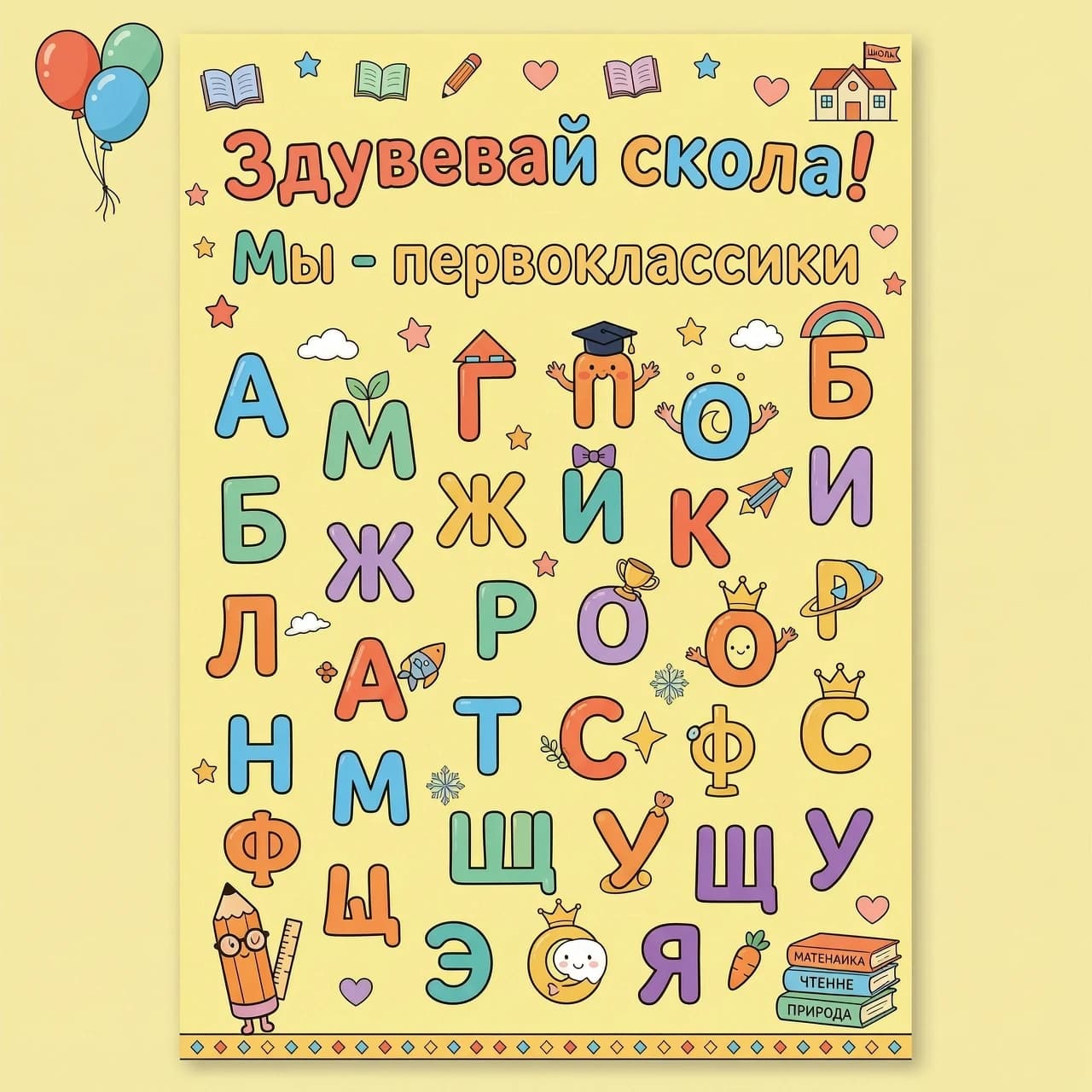 Мультяшная обучающая карточка формата А4 для первоклассников. Создать буквы для фразы Здравствуй школа! Мы - первоклассники Фон светло‑жёлтый, нейтральный, много „воздуха“. Стиль — детский мультфильм, мягкие контуры, насыщенные, но не кислотные цвета, без теней и сложной штриховки.