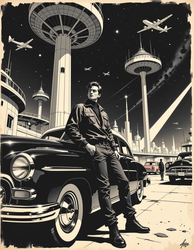 A masterpiece,  in the style of the 1980s, with bold lines, dynamic strokes and rich textures, on background with a touch of nostalgia, perhaps with subtle drawings inspired by cellulose and vintage, worn textures similar to paper, oil painting, High-contrast black-and-white retro-futuristic pulp illustration of a lone man leaning on a polished 1940s/1950s chrome sedan in the foreground, low-angle composition, dramatic rim lighting and deep shadows, crisp pen-and-ink linework with brush washes and crosshatch shading, subtle halftone texture and aged sepia paper borders and light scratches for vintage feel. Man in mid-century flight jacket, turtleneck and rugged boots, confident heroic pose. Midground massive elevated circular skyport towers and platforms with walkways and antennae, sleek retro airplanes taxiing and flying between platforms, motion trails and small silhouettes to convey scale. Background a dense starfield and diagonal Milky Way band, bright stars with subtle glow and a few lens-like starbursts. Strong perspective lines, wide-angle feel, high detail on chrome reflections, tire treads and architectural concrete texture, balanced composition, cinematic noir atmosphere, nostalgic yet futuristic. Subtle film grain, vignette and paper discoloration to evoke pulp magazine cover. celshading, simple background