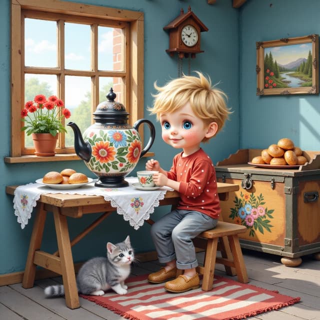 Watercolor illustration in the style of a vintage children's book, cozy rustic Russian farmhouse interior. A cute little boy with messy fluffy blond hair, giant blue eyes, freckles, and a happy smile. He is wearing a red polka-dot shirt, grey trousers, and woven bast shoes. The boy is sitting on a wooden bench at a rough-hewn table, holding a painted ceramic teacup. On the table is a large ornate Russian samovar decorated with floral folk art patterns, a plate of baked sweet buns, a matching teapot, and a white lace tablecloth with embroidery. A fluffy gray and white kitten sits at the boy's feet, looking up at him. In the background, there is a window with wooden frames and terracotta pots of red geraniums. On the wall hangs an old wooden cuckoo clock and a small framed landscape painting. Next to the table is a vintage wooden chest painted with vibrant floral motifs. The floor is covered with a striped rag rug. Warm, diffused sunlight, cozy, charming atmosphere, high detail, soft brushstrokes.
