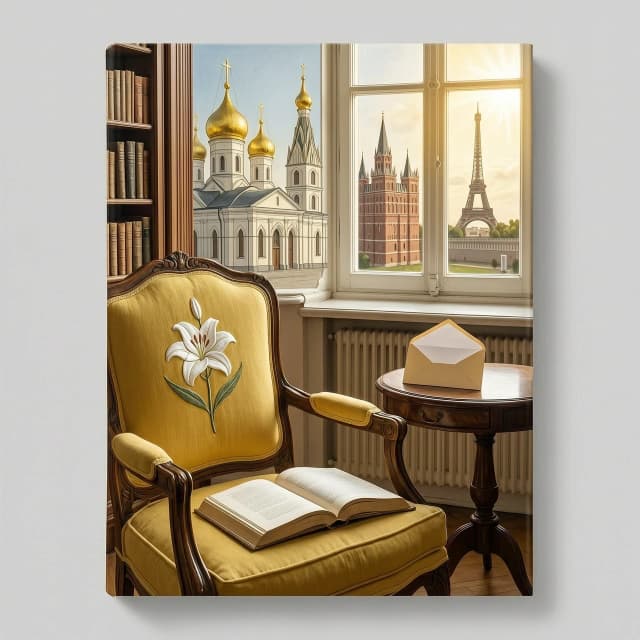 Нарисуй реалистичную картину для книжной обложки. Вид на часть комнаты второго этажа начала 20 века. На переднем плане французское кресло с жёлтой обивкой и вышитой белой лилией на спинке. На кресле лежит раскрытая книга. На заднем плане - вид православной русской церкви с золотыми куполами, французский готический храм, московский кремль и эйфелева башня. Внутри комнаты видно книжный шкаф и столик с раскрытым конвертом. Из окна светит яркое солнце. Никакого текста на обложке быть не должно.