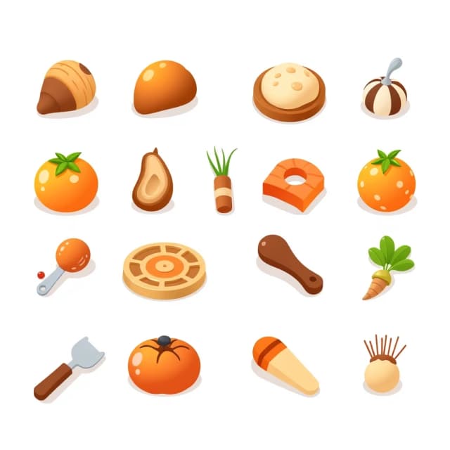 Set of cute glossy 3D cartoon game UI icons, cozy mobile cooking game style, soft rounded shapes, smooth clay-like plastic material with subtle highlights, warm wooden brown accents (#7a4a1f), golden orange (#f0b429), fresh green (#43a047), soft shadows, gentle ambient occlusion, clean simple composition centered, each icon on transparent background, NO frame, NO border, NO background circle, NO text, isolated asset, game asset sprite sheet, soft studio lighting, Pixar-like softness, high detail, 4k