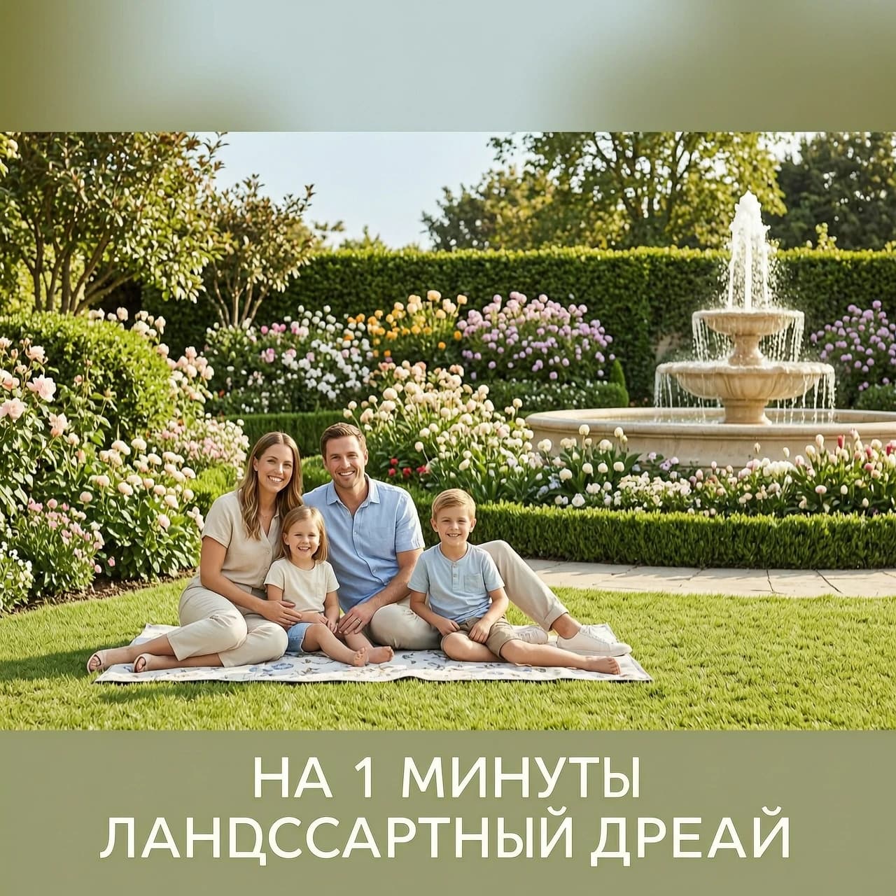 Create a one-minute video on the topic of landscape design. A young, happy family with children is relaxing in a beautiful, well-maintained recreational area. There is abundant greenery, flowers, a fountain, and sunshine all around.