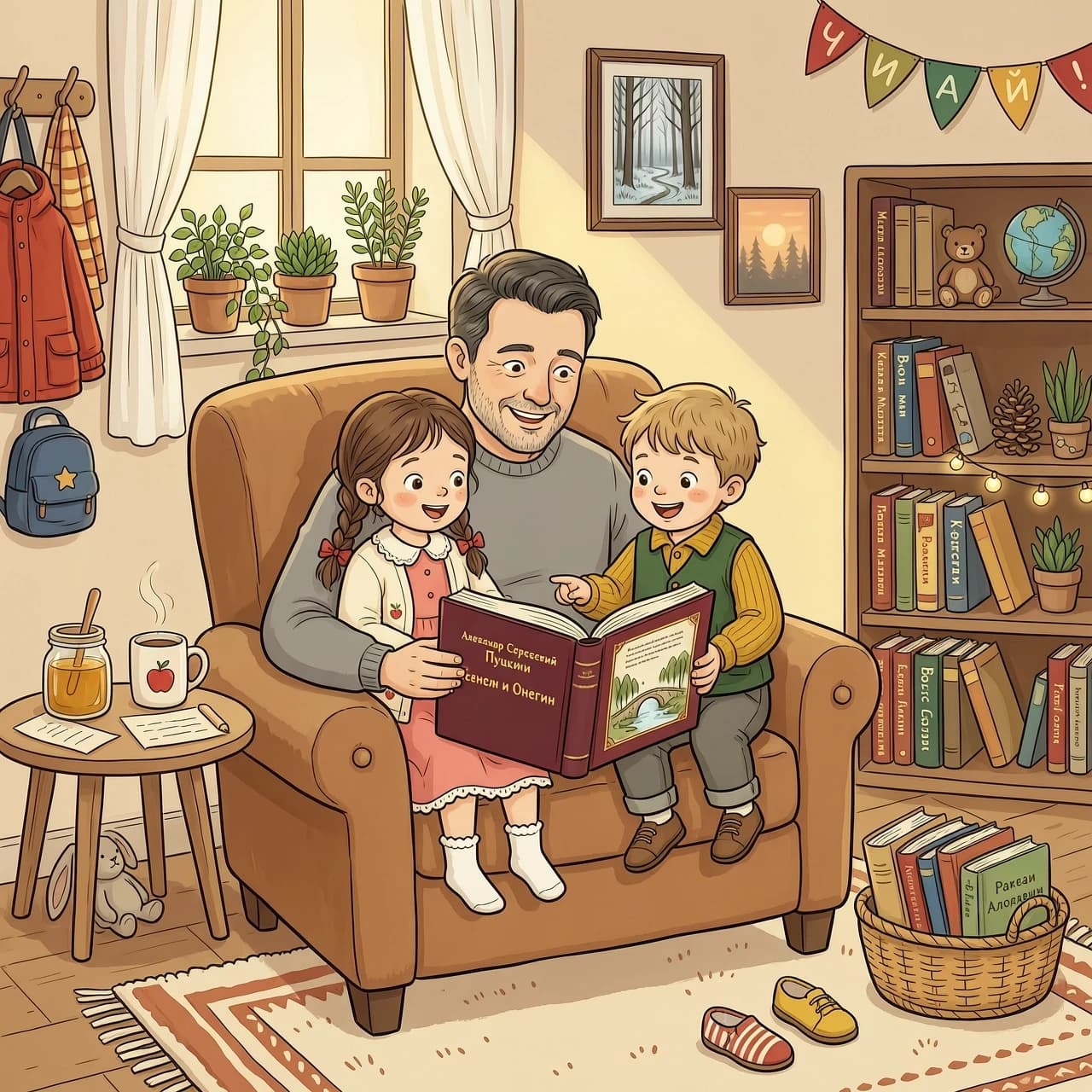 создать рисунок, где дети вместе с папой читают книгу А.С. Пушкина. Они сидят с довольными лицами в домашней обстановке, где царит внимание и любовь