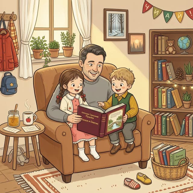 создать рисунок, где дети вместе с папой читают книгу А.С. Пушкина. Они сидят с довольными лицами в домашней обстановке, где царит внимание и любовь