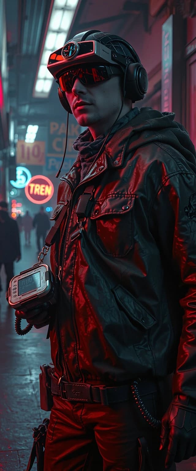 A cinematic shot of a futuristic bounty hunter, cyberpunk style, neon lighting, holding a high-tech tracking device, wearing a weathered leather jacket and a glowing visor, dark alley background, 8k resolution, photorealistic, highly detailed --ar 16:9