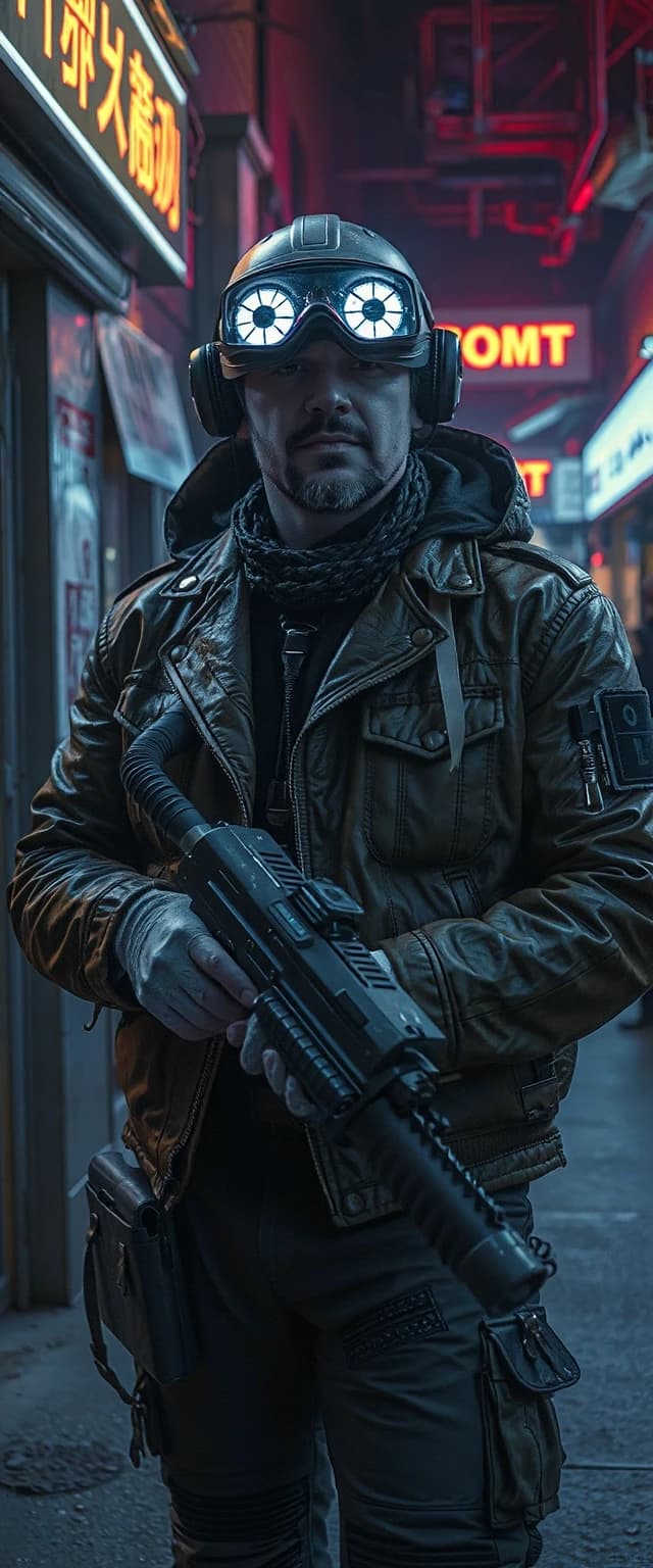 A cinematic shot of a futuristic bounty hunter, cyberpunk style, neon lighting, holding a high-tech tracking device, wearing a weathered leather jacket and a glowing visor, dark alley background, 8k resolution, photorealistic, highly detailed --ar 16:9