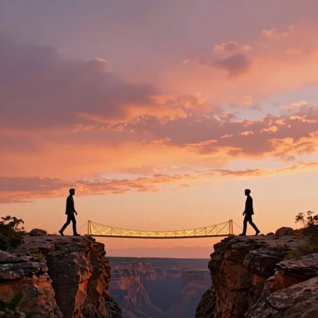 Cinematic wide shot of two silhouetted figures standing on opposite rocky cliffs at sunset, separated by a deep dramatic canyon. However, between them, a beautiful glowing golden bridge made of light and geometric lines is already stretching across the gap, and both figures are walking towards each other with open, calm body language, ready to meet in the middle. This symbolizes constructive conflict resolution and the art of fighting well. The sky is filled with warm orange, pink, and soft purple clouds, creating a hopeful, peaceful atmosphere. The top half of the image is a vast, empty sky, providing perfect negative space for adding event invitation text. Photorealistic, warm golden hour lighting, emotional, philosophical, inspiring, 8k, shallow depth of field, 4:5 aspect ratio.