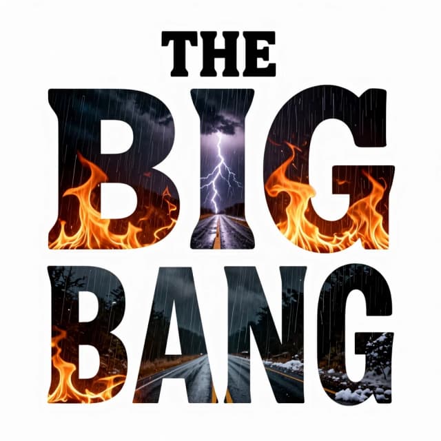 THE BIG BANG THEORY - text
Стиль - фотореализм 
Шрифт : шрифтовая маска 
Внутри букв текста : огонь, ночь,тусовка,дорога,гроза,дождь,снег
Преобладание цветов : тёмный/черный