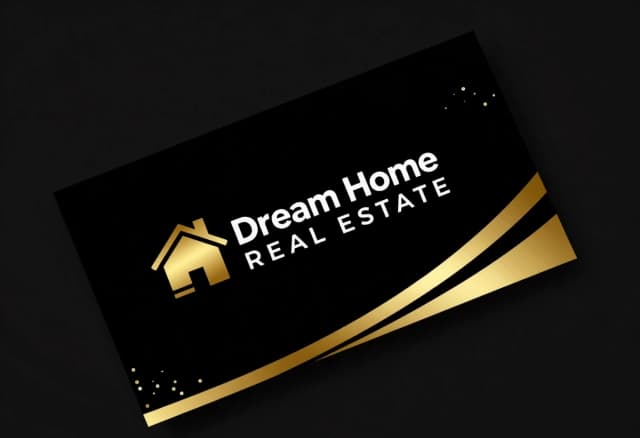 "business card, black background with gold and white design elements, Dream Home Real Estate logo, stylized gold house icon, "Dream Home REAL ESTATE" text in white font,"golden smooth lines with sequins, the font is as elite, prestigious, smooth as possible