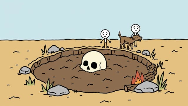 A shallow dug pit in flat tan ochre earth with a few gray stones around its edge, pale sky blue sky, simple fully colored background with a clear horizon line. In the pit, only the top of a bone cream human skull is visible, peeking out of the dirt. flat 2D hand-drawn cartoon illustration in a simple webcomic explainer style, clean slightly wobbly black ink outlines of even medium thickness on every shape, stick-figure characters with thin single-line black limbs, tiny line fingers and large perfectly round white heads with small solid black dot eyes and simple expressive line eyebrows and mouth, animals drawn with simplified natural proportions in side view with one flat fur color, a slightly darker accent tone and short texture strokes along the fur edges, flat solid color fills with no gradients, no shading, no cast shadows, no glow and no lighting effects, only sparse short hand-drawn texture strokes on fur, dry grass and wood, muted warm earthy palette of pale sky blue, tan ochre, straw yellow, warm brown, dark chocolate brown, bone cream, stone gray, taupe, rust red ochre and soft green with small orange-yellow fire accents, any text written in thin black hand-lettered uppercase marker letters, calm uncluttered composition with one main subject and only a few props, generous empty space, 16:9 horizontal composition, centered subject, plenty of empty negative space