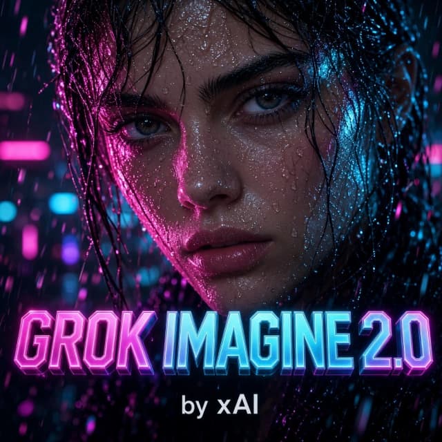 Flat 2D square graphic design cover, background covers 100% edge-to-edge, no frame, no border, no mockup. A cinematic close-up photograph of a striking woman under neon rain at night, water running down her face, magenta and cyan rim light, droplets frozen in the air, shallow depth of field, filling the whole frame. Over the top of the image, bold glowing modern 3D typography reading "GROK IMAGINE 2.0", crisp and perfectly legible, EXACTLY ONE line, appears only once, with a small clean tag "by xAI" directly under it. High detail, flagship cinematic finish, perfectly legible text.