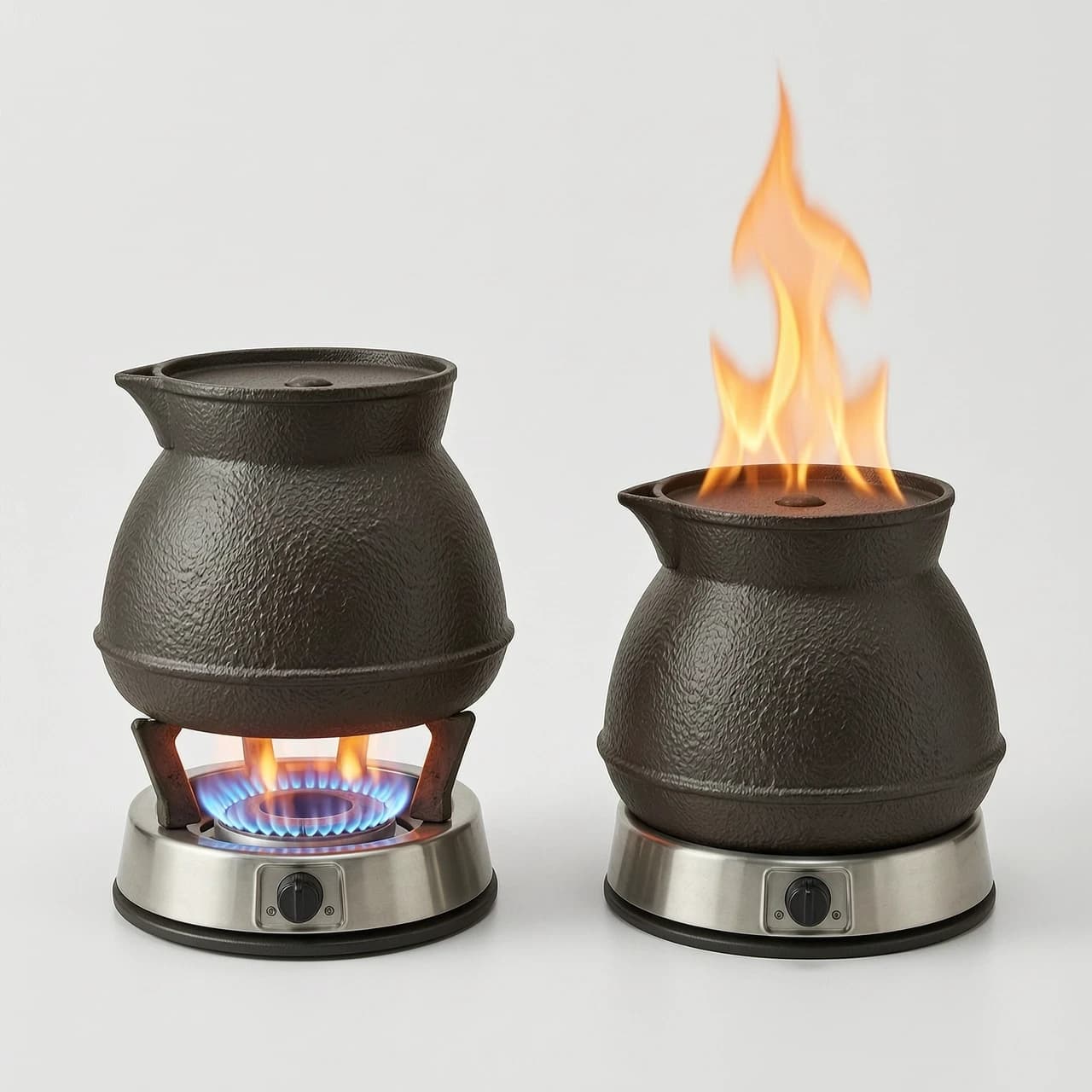 two identical cast iron colored jugs with flat bottoms, without handles and spouts, on a white background. The first is heated from below by a gas burner, the second has no gas from below but its body color is 800 degrees and it has a flame.