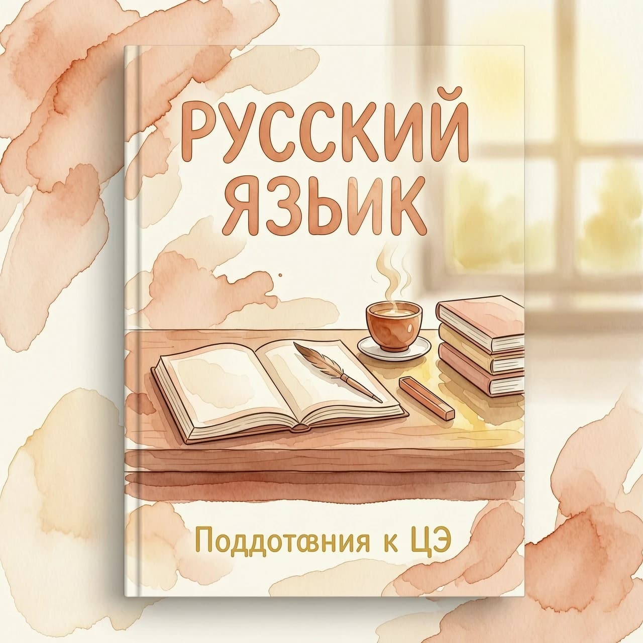 Концепция обложки для тетради по русскому языку (подготовка к ЦЭ)
Обложка выполнена в мягкой акварельной технике с эффектом мокрой бумаги и размытыми, плавными краями, создающими атмосферу спокойствия и утренней сосредоточенности. Цветовая палитра ограничена тёплыми пастельными тонами: приглушенный персиковый, кремовый, матовый терракотовый и светло-золотистый, без ярких акцентов.

Композиция по слоям:
Фон: Кремовая акварельная основа с размытыми персиковыми и терракотовыми пятнами, имитирующими мокрые разводы на бумаге. В правом заднем плане — почти неразличимое окно с мягким золотистым утренним светом, размытое до состояния полупрозрачного блика (без четких рамок).
Центральная сцена: Уютная деревянная парта из приглушенного терракотового дерева с плавными акварельными штрихами. На ней:
Раскрытая тетрадь с кремовыми страницами и тонкими персиковыми полями по краям; на листе лежит тонкое перо или мягкая кисть в персиковом футляре, слегка смещенное к правому углу тетради.
Рядом с тетрадью — маленькая керамическая чашка коричневато-терракотового цвета с паром, стекающим в золотистый блик, и тонким белым блюдцем под ней.
Справа от чашки — стопка тонких книг с персиковыми и кремовыми обложками, размытые по краям, чтобы не отвлекать внимание от основной композиции.
Надписи:
В верхней части обложки крупная акварельная надпись «РУССКИЙ ЯЗЫК» в персиковом тоне с мягкими, размытыми краями букв (без четких контуров).
Ниже, под центральной сценой, мелкая акварельная надпись «Подготовка к ЦЭ» в светло-золотистом тоне, выполненная в более аккуратном, но не жестком шрифте.
Дополнительные детали:
По краям обложки добавлены тонкие, почти неразличимые акварельные штрихи, имитирующие края мокрой бумаги, чтобы усилить естественность эффекта. Вся сцена пропитана атмосферой тихой утренней подготовки к уроку, без лишних деталей, которые могли бы отвлечь от сосредоточенности на подготовке к ЦЭ.