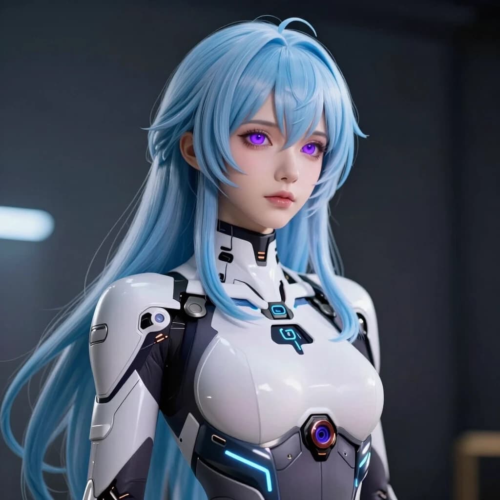Cyberpunk smartphone wallpaper, 8k resolution. A beautiful female android with long pastel blue hair and violet eyes. Serene and elegant expression. She is wearing a high-tech white and dark grey sci-fi body suit with subtle glowing blue circuits. Futuristic clean aesthetic, soft dramatic studio lighting, depth of field, photorealistic anime style, hyper-detailed