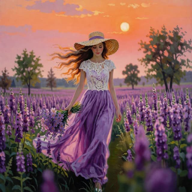 The image is a painting of a young woman walking through a field of purple flowers. She is wearing a long, flowing purple dress with a white lace bodice and a wide-brimmed straw hat. Her long brown hair is flowing in the wind and she is holding a bouquet of flowers in her right hand. The sky is a beautiful orange and pink color, with the sun setting in the background. The field is filled with tall, purple flowers, and there are trees scattered throughout. The overall mood of the image is peaceful and serene.