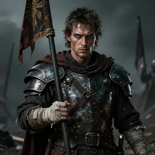A commander holding the banner of the Imperial Guard under divine rays of light, embodying honor, duty, and loyalty. A hyper‑realistic epic portrait of a 25‑year‑old young man with bright blue eyes reflecting deep emotions. He is wearing tattered clothing made of dark fabrics, rough, multi‑layered armor with noticeable wear, and tattered linen bandages on his forearms and hands. The action takes place in a gloomy, atmospheric void with a hint of haze and devastation after the war. Dramatic cinematic lighting creates sharp highlights on the contours of his face. High contrast, extreme detail in the pores on the skin, the interweaving of threads in the fabric, and the scratches on the metal. A stern, melancholic, and heroic atmosphere, rendered in the style of high‑quality digital concept art, 8K resolution, sharp focus, volumetric shadows, masterpiece quality.