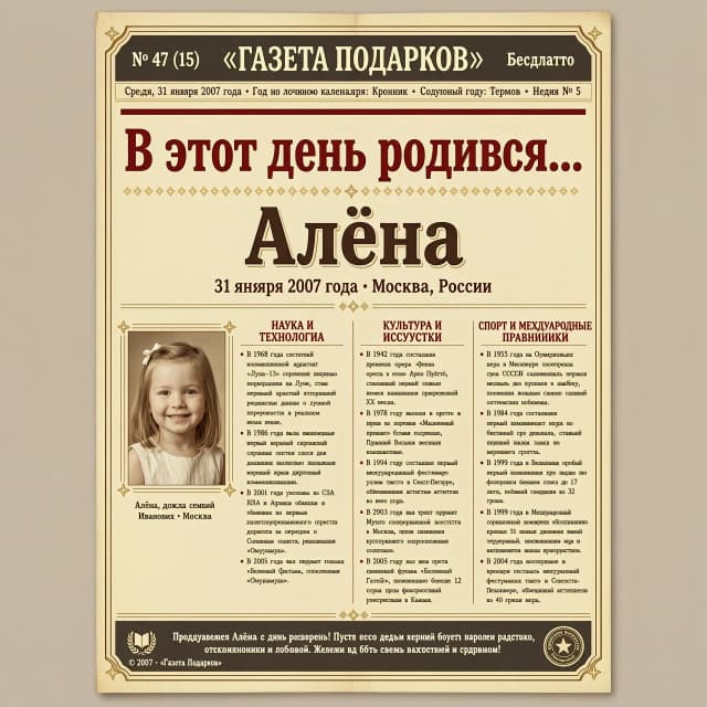 Хочу  подарить ребенку на день рождения "страничку из газеты". Фото  с заголовком "В этот день родился......", дата вверху как в газете или журнальной обложке. и вокруг рубрики - что еще произошло в этот день в мире (открытия, праздники и тд.). События должны быть позитивными. Сделай, пожалуйста, такую страничку. Прикрепляю  фото именинницы.  Дата рождения ____31.01.2007__
Имя ____Алёна_____ __________ Можешь сделать страницу цветной, но чтобы не терялось ощущение газеты или журнала. Сам найди позитивные события в мире произошедшие в тот день. ‼️