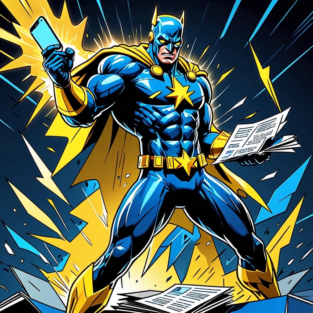 Dynamic comic book style, central hero stands holding a smartphone, bright lightning bolts shaped as legal documents, lawsuits, complaints and claims shooting out of the phone, smashing dark shadowy figures of bureaucrats, yellow and blue color palette, high contrast, sharp lines, modern vector comic art, cinematic angle, 8k, action-packed atmosphere --ar 16:9