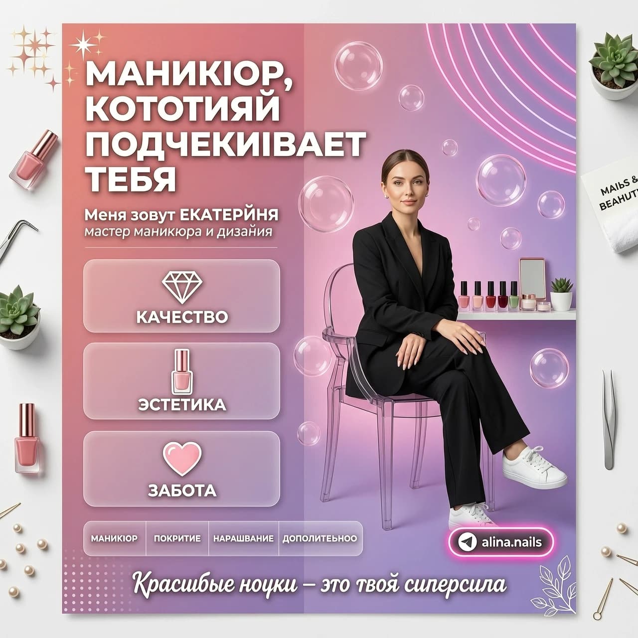 Рекламный флаер для мастера маникюра. В левой части — вертикальный блок с текстом: заголовок «МАНИКЮР, КОТОРЫЙ ПОДЧЕРКИВАЕТ  ТЕБЯ» крупным белым шрифтом, ниже — «Меня зовут ЕКАТЕРИНА», подзаголовок «мастер маникюра и дизайна». Ниже — три прозрачных блока с иконками и подписями: «КАЧЕСТВО» (бриллиант), «ЭСТЕТИКА» (флакон лака), «ЗАБОТА» (сердце). Внизу — сетка с категориями: «МАНИКЮР», «ПОКРЫТИЕ», «НАРАЩИВАНИЕ», «ДОПОЛНИТЕЛЬНО».

Справа — фото стильной девушки‑мастера в чёрном костюме и белых кроссовках, сидящей на прозрачном стуле. Фон — розово‑лиловый градиент, неоновые дуги, полупрозрачные сферы, полки с косметикой. В правом блоке — кнопка с иконкой Telegram и надписью «alina.nails». Внизу по центру — слоган «Красивые ногти — это твоя суперсила» курсивом.

Стиль — современный рекламный дизайн, пастельно‑розовая палитра с неоновыми акцентами, высокая читаемость текста, глянцевый бьюти‑эстетик, 4k.