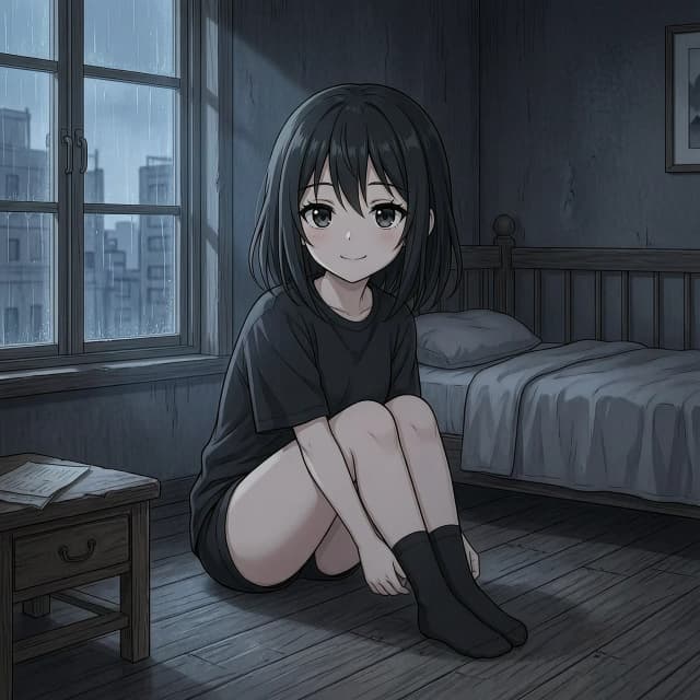 Тифея из игры Аркнайтс Энфилд,темная комната с окном. милая anime moe девушка. черные волосы средней длины. черные глаза. черные ресницы. черная длинная футболка черные чулки носки. низкорослая с плоской фигурой.